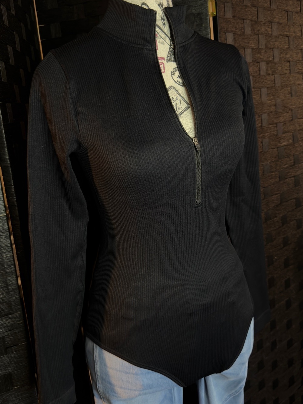 Black Ribbed Half-Zip Long-Sleeve Bodysuit